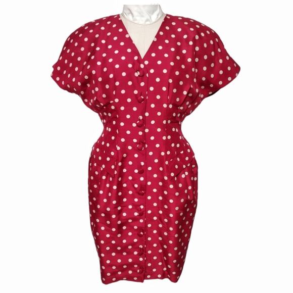 ANN TAYLOR Vintage Polka Dot Dress Size 6 Red Silk Fitted Tailored Retro 80s 90s - Picture 1 of 15